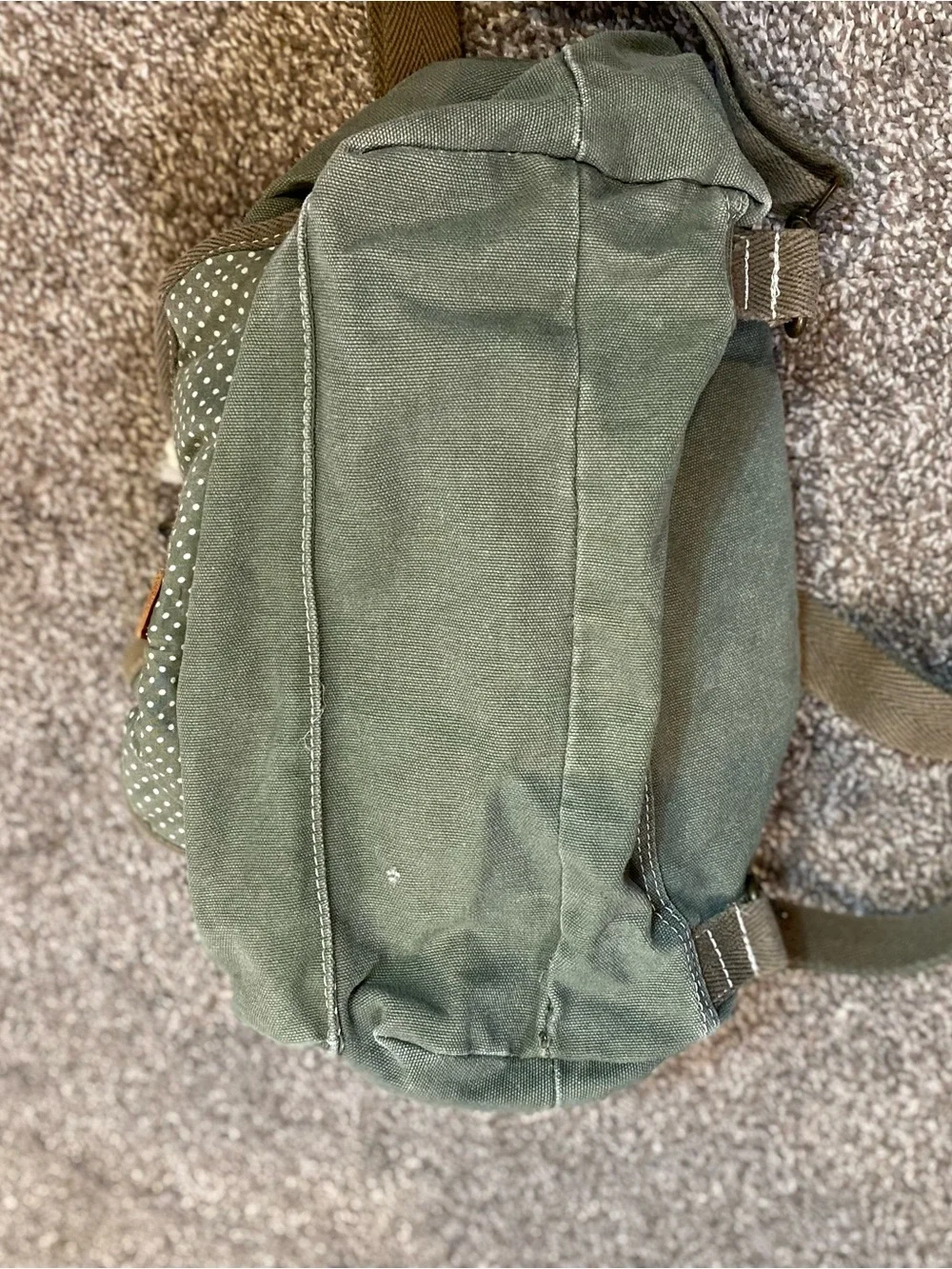 American Eagle Outfitters Sage Green Canvas Backpack with Brown Trim